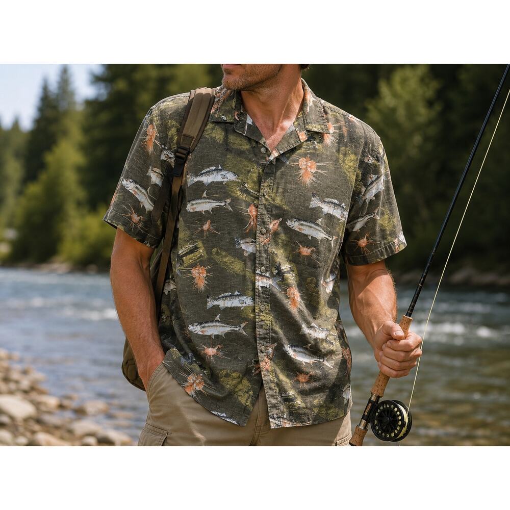 Reel Legends Fish & Lure Button Down Shirt Men's L Outdoor Fishing Gorpcore